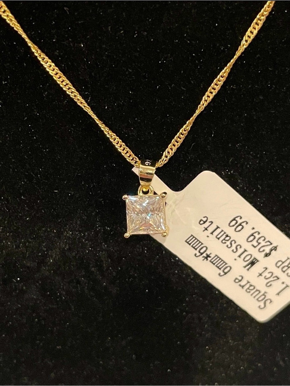 Woman’s 18” 14k gold over sterling 1.2ct, 6mm princess cut Moissanite